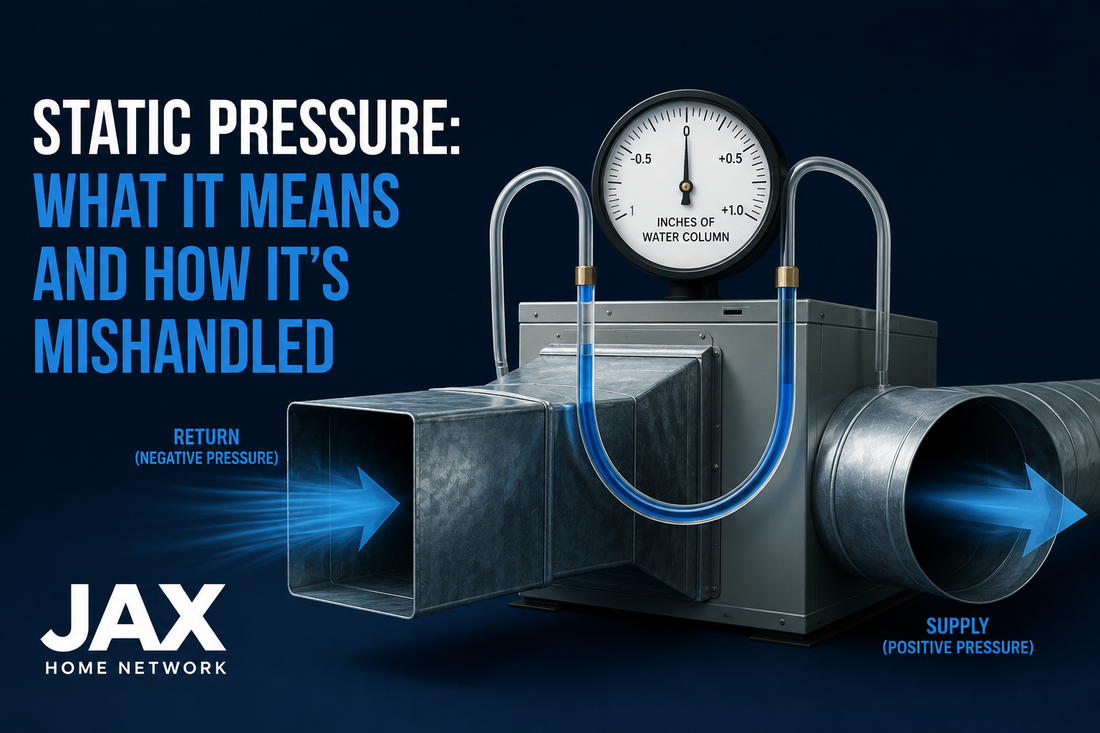 HVAC static pressure illustration showing airflow resistance and duct pressure inside a residential HVAC system
